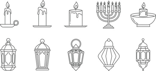 Candles and lanterns, featuring vintage religious symbols and decorative ornaments in a handdrawn sketch style for festive celebrations