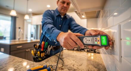 Wideangle view of an electrician finishing GFCI outlet installation with tester in hand ensuring peace of mind for home safety.