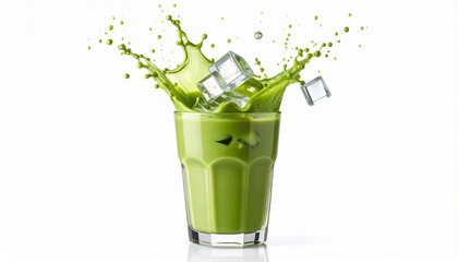 splashing iced matcha latte with ice cubes in glass