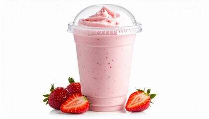 strawberry ice cream shake in plastic cup on white background