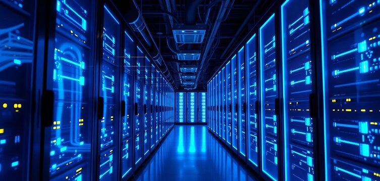 Glowing blue server racks in a futuristic datacenter; intense lighting, innovation, network - Powered by Adobe