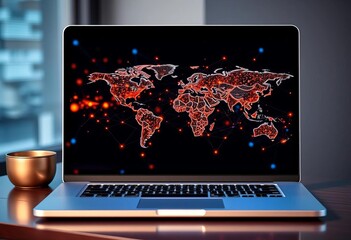 Laptop screen displays blockchain network data, global connections visualized,  blockchain technology,  connection