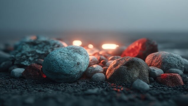 Close-up of stones, teal & red highlights. Soft light