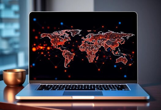 Laptop screen displays blockchain network data, global connections visualized,  blockchain technology,  connection