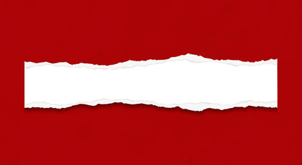 Ripped white paper rectangle against a vibrant red background.