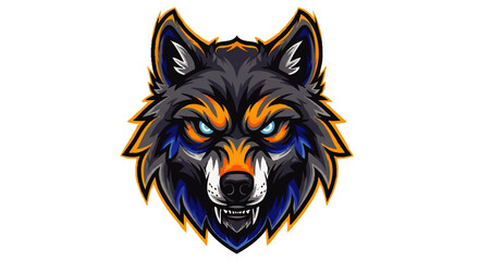 Aggressive wolf head graphic design, vibrant colors, fierce expression.