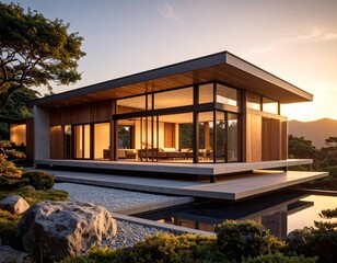 Fototapeta premium Minimalist Japanese wooden house at sunset