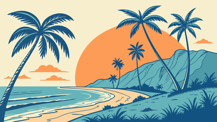 Evening on the beach with palm trees. An evening on the beach with palm trees. Colorful picture for rest. Blue palm trees at sunset. Victor palm tree on the beach