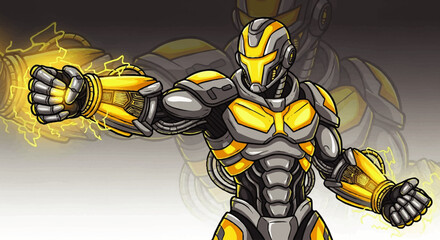 Cartoon illustration of a futuristic armored robot figure with yellow accents, projecting energy from its hands.