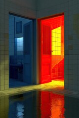 Interior corridor with a flooded floor, vibrant doors