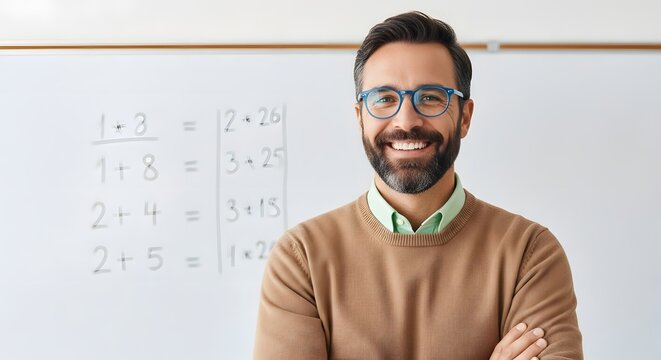 A smiling male teacher with glasses standing in front of a whiteboard with math equations, creating a positive and engaging learning environment