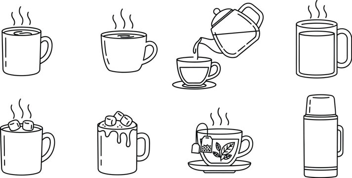 Set of cup and mug icons: a collection of outline drawings of different types of hot drinks in vector format for design