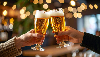 The clinking of two glasses filled with golden beer celebrating