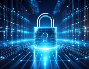 Futuristic digital lock concept with glowing circuits and data streams