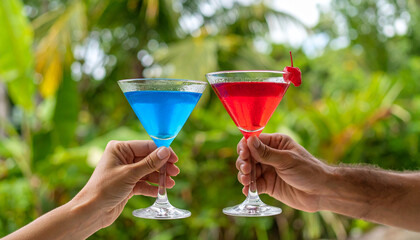 Two artistic glasses with red and blue alcoho