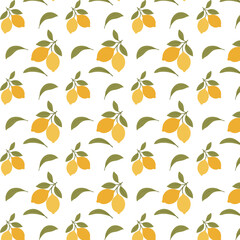 Seamless lemon pattern with yellow citrus fruits and green leaves on a white background. Fresh and bright design ideal for summer textiles, kitchen decor, wrapping paper, and digital projects.
