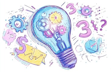 Lightbulb filled with gears, surrounded by sketches