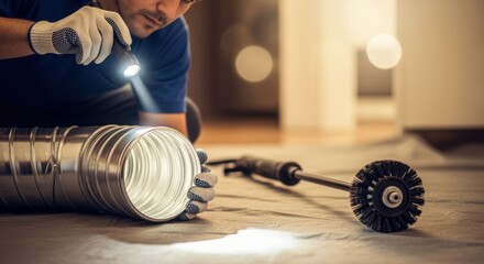 Worker inspecting a cleaned dryer vent duct postrotary brushing proving enhanced airflow and reduced clogging after proper maintenance.