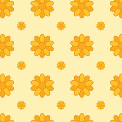 Seamless floral pattern with bright yellow and orange flowers on a soft pastel yellow background. Cheerful and vibrant, perfect for textiles, wallpapers, gift wrap, digital backgrounds