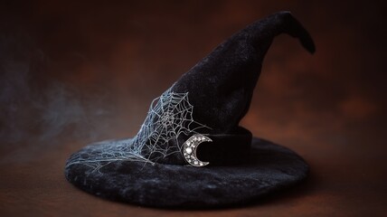 Gothic style black velvet witch hat close-up with silver cobwebs and crescent moon brooch, orange light and smoky Halloween vibe
