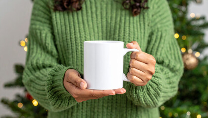 Woman in Sweater Holding a White Mug