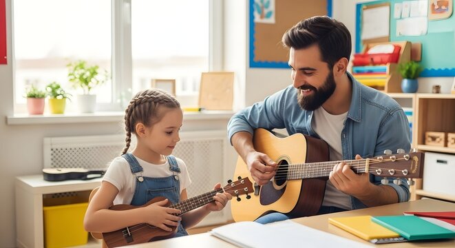 A teacher giving a music lesson to a child, playing guitar and ukulele together in a classroom, fostering a love for music and learning