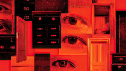 Red, surreal collage of doors, drawers, and eyes