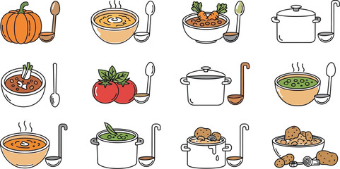 Soup and cooking ingredient illustrations, including pumpkin, tomato, vegetables, bowls, pots, and spoons for various recipes