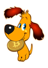 A small dog holding a bitcoin in its teeth