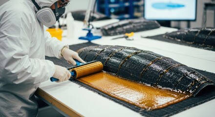 Technician wearing protective gear carefully applying resin to preimpregnated composite sheets forming the lowradar signature naval mine shells.