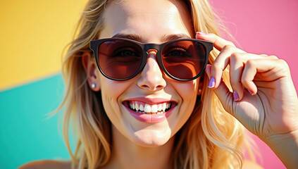 Fototapeta premium Smiling woman wearing sunglasses with blonde hair and purple nail polish posing against colorful background, expressing happiness and confidence in bright natural light