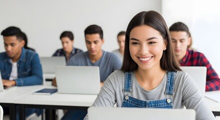 Smiling student using laptop in classroom with classmates, showcasing modern education and technology in a collaborative learning environment