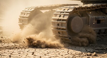 Close up Of A Tracked Vehicle Moving On Dry Ground, Dust Cloud using Generic Terms For Specific Brands Or Companies, Known Individuals, Fictional Characters Or Other Creative Works