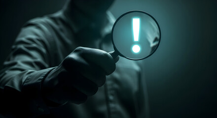 Man examines glowing exclamation mark through magnifying glass, symbolizing critical alert or important discovery.