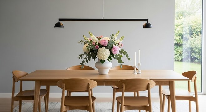 Dining Room Elegance: A stylish dining room, showcasing a light wooden table and chairs complemented by a stunning floral arrangement, complete with elegant candles and ambient lighting.