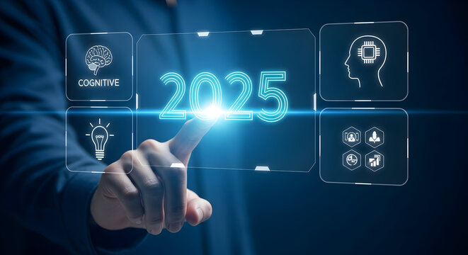 Businessman interacts with futuristic digital display showing year 2025 and AI concepts