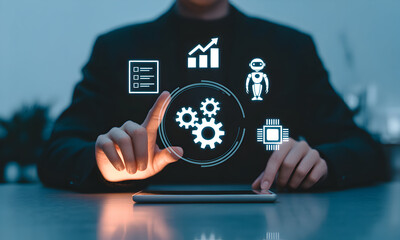 Hands interacting with digital interface showing business strategy, automation, and data analysis icons