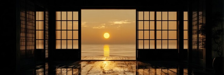 Fototapeta premium Sunset view through traditional Japanese sliding doors