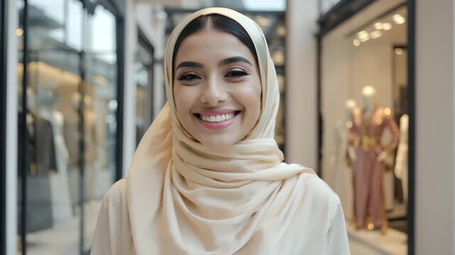 Smiling Muslim woman in beige hijab talking and laughing in modern shopping mall, elegant lifestyle portrait with fashion boutique background, cultural diversity and retail concepts in cinematic motio