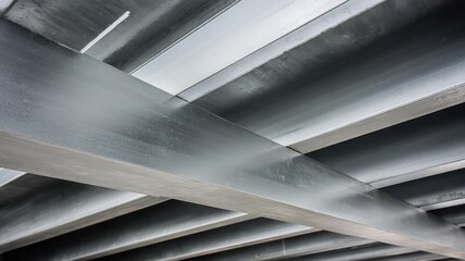 Obraz premium Abstract geometric view of industrial steel beam structures in cool steel tones with soft light, ideal for architecture and design backgrounds