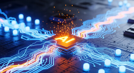 Illuminated AI chip glowing with futuristic digital energy and data flow on circuit board