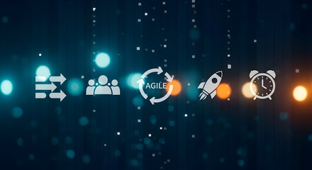 Agile methodology icons showing progress, teamwork, launch, and time management in a dynamic digital space