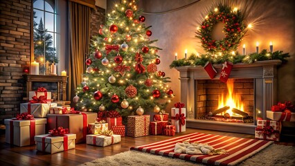 Warm Christmas Living Room with Decorated Tree Fireplace and Gifts Ready for Celebration