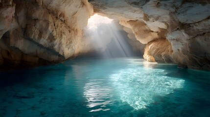 Naklejka premium Inside a quartz cave with calm turquoise spring at center
