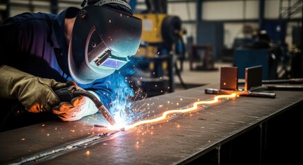 Closeup view of molten metal seam as a welder bonds two submarine steel plates inside a shipyard shop.