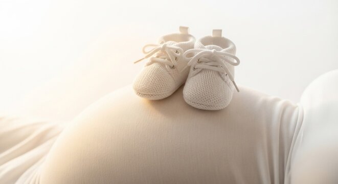 New Life's Gentle Embrace: A touching depiction of an expectant mother, her baby bump cradling tiny infant shoes, symbolizing the tender anticipation of motherhood.