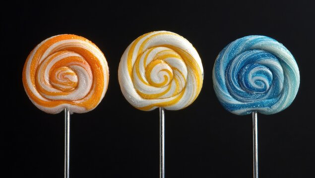 Three colorful swirl lollipops on sticks against a black background (1)
