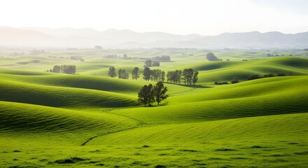 Fototapeta premium Rolling green hills stretch towards distant mountains, bathed in soft sunlight, creating a tranquil and idyllic landscape of natural beauty