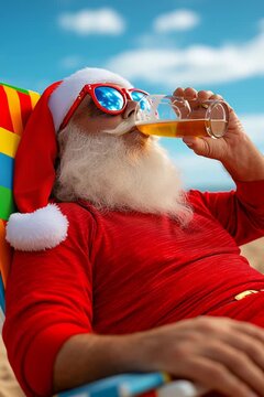 Summer Beach Video of Santa Claus in Classic Outfit with Sunglasses, Sitting on Deck Chair Holding Beer &ndash; Sand and Blue Sky with White Clouds