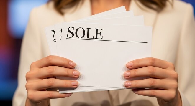 Paperwork Clarity: A person in a formal white jacket holds a stack of documents with the word SOLE printed on one, possibly indicating an important contract or legal matter.